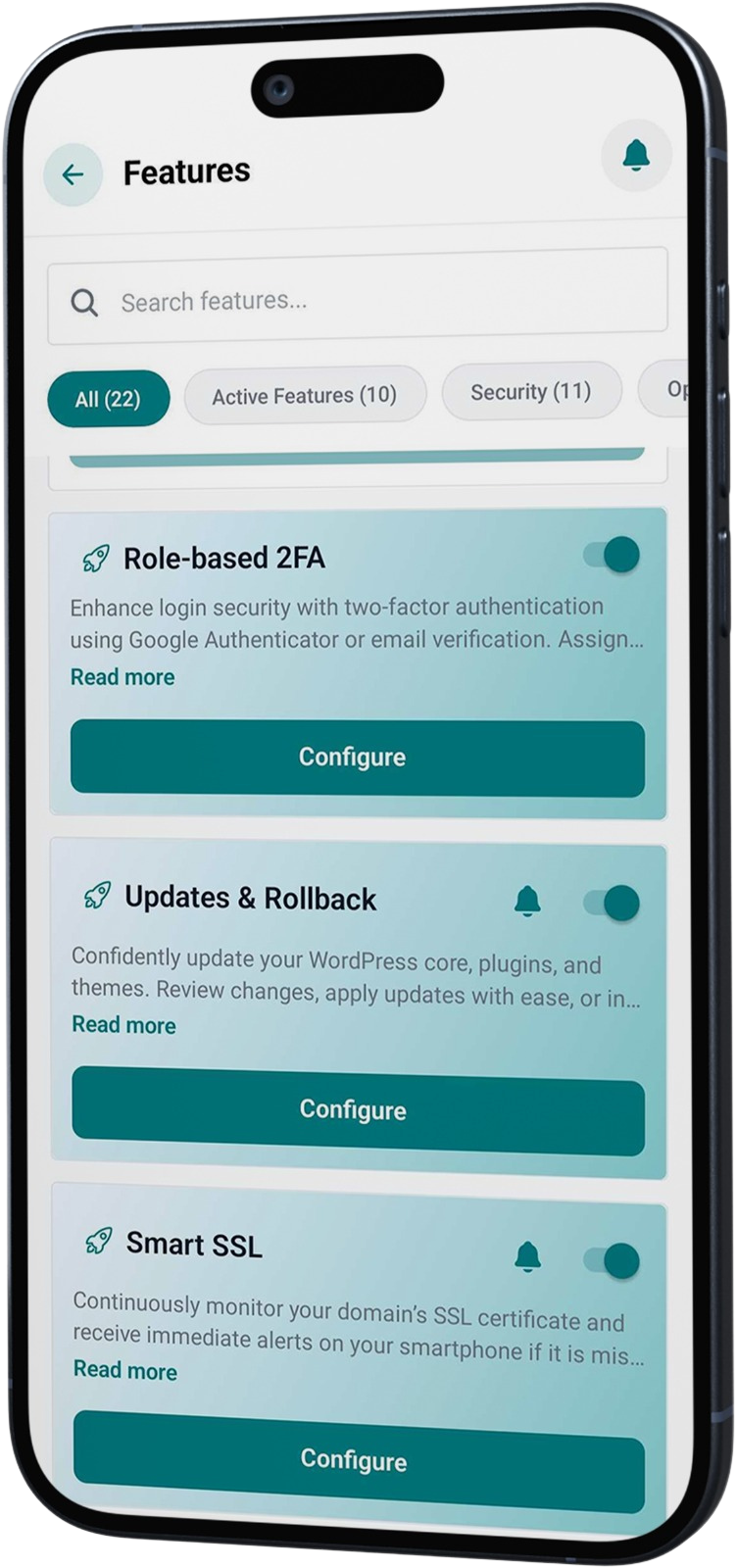 WP Tailwatch app security features with toggles