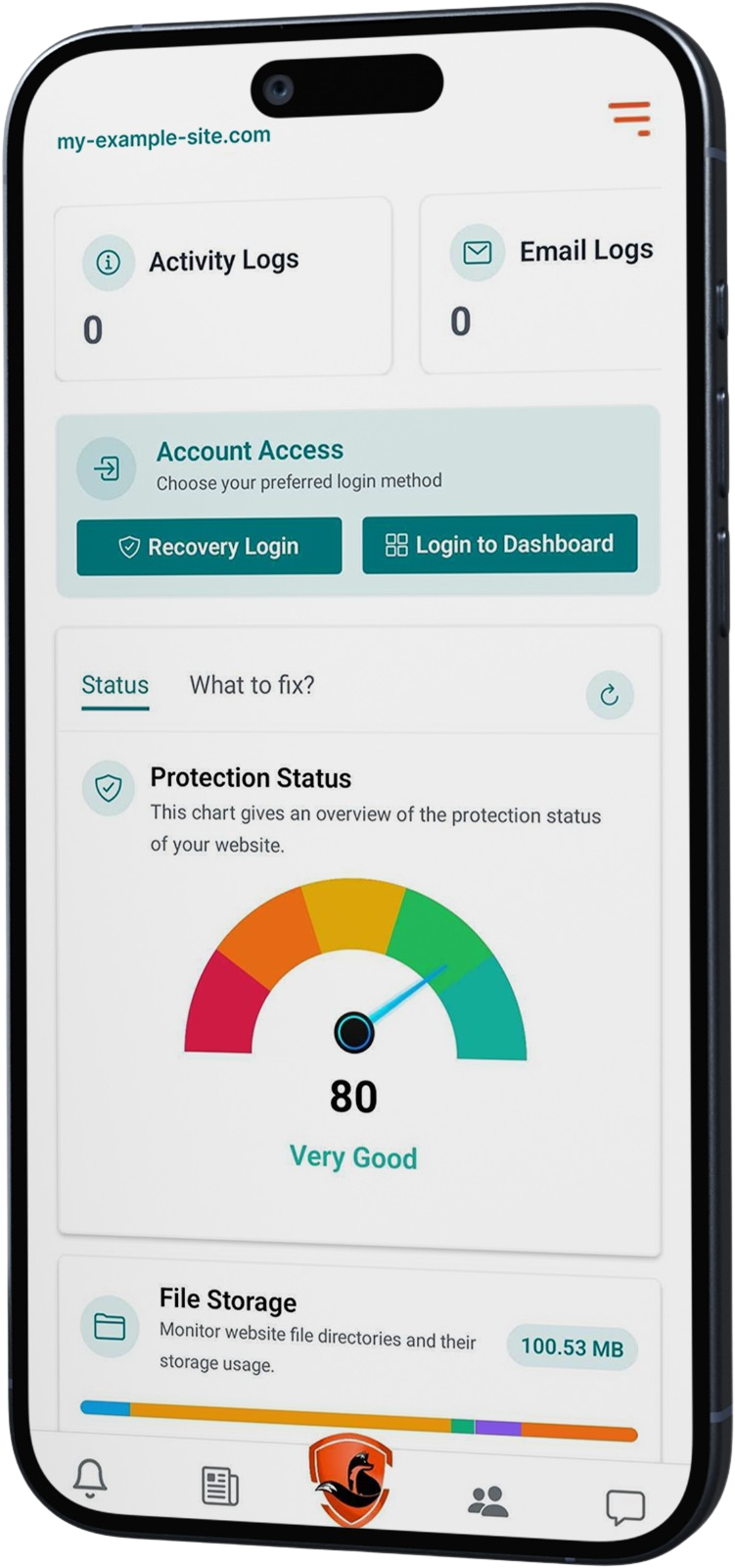 WP Tailwatch app dashboard with uptime and storage
