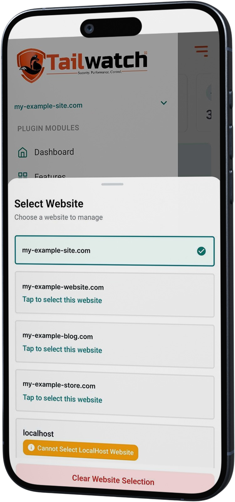 WP Tailwatch app multi-site selector