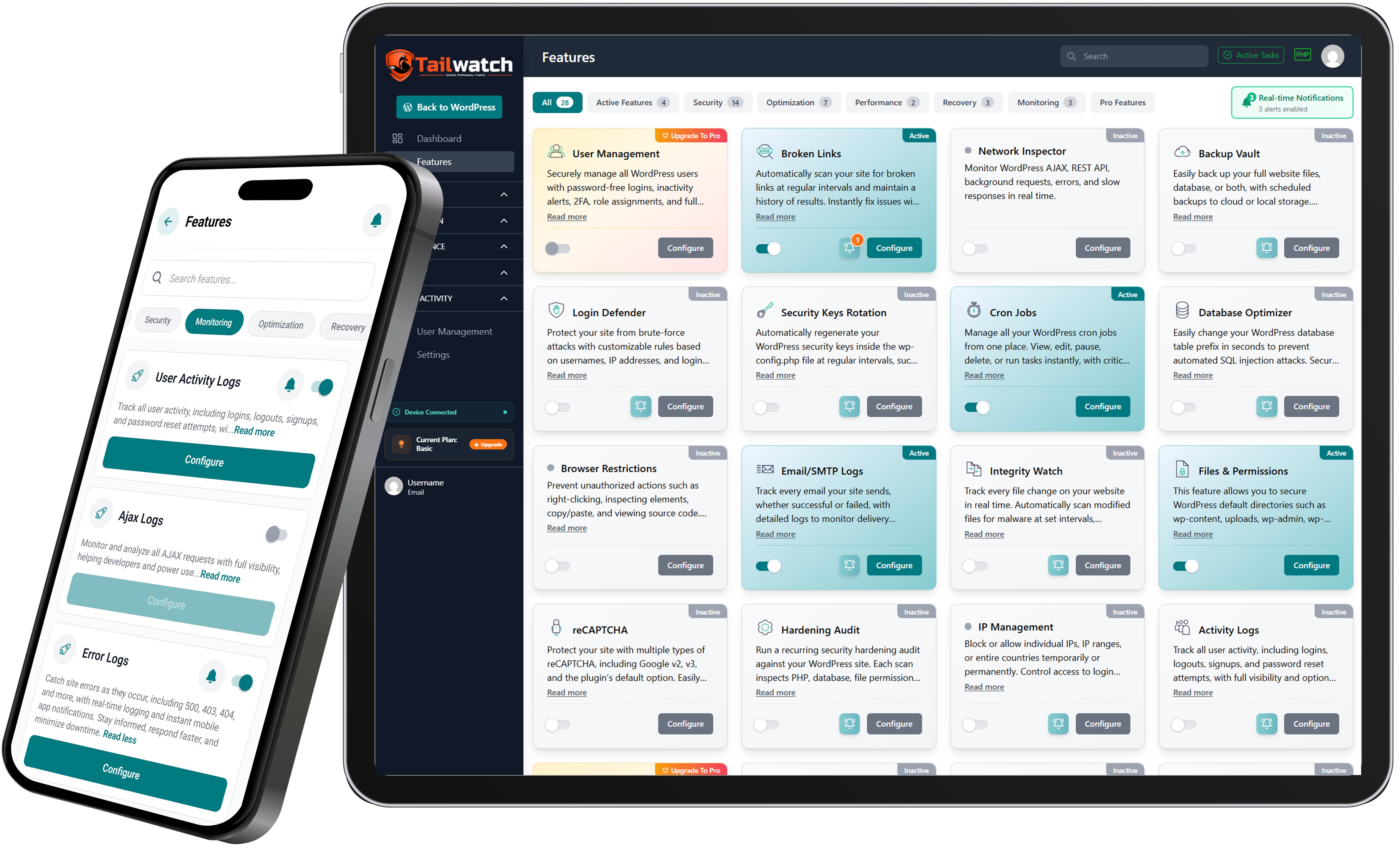 WP Tailwatch on web and mobile, manage WordPress security from the cloud dashboard and the native mobile app